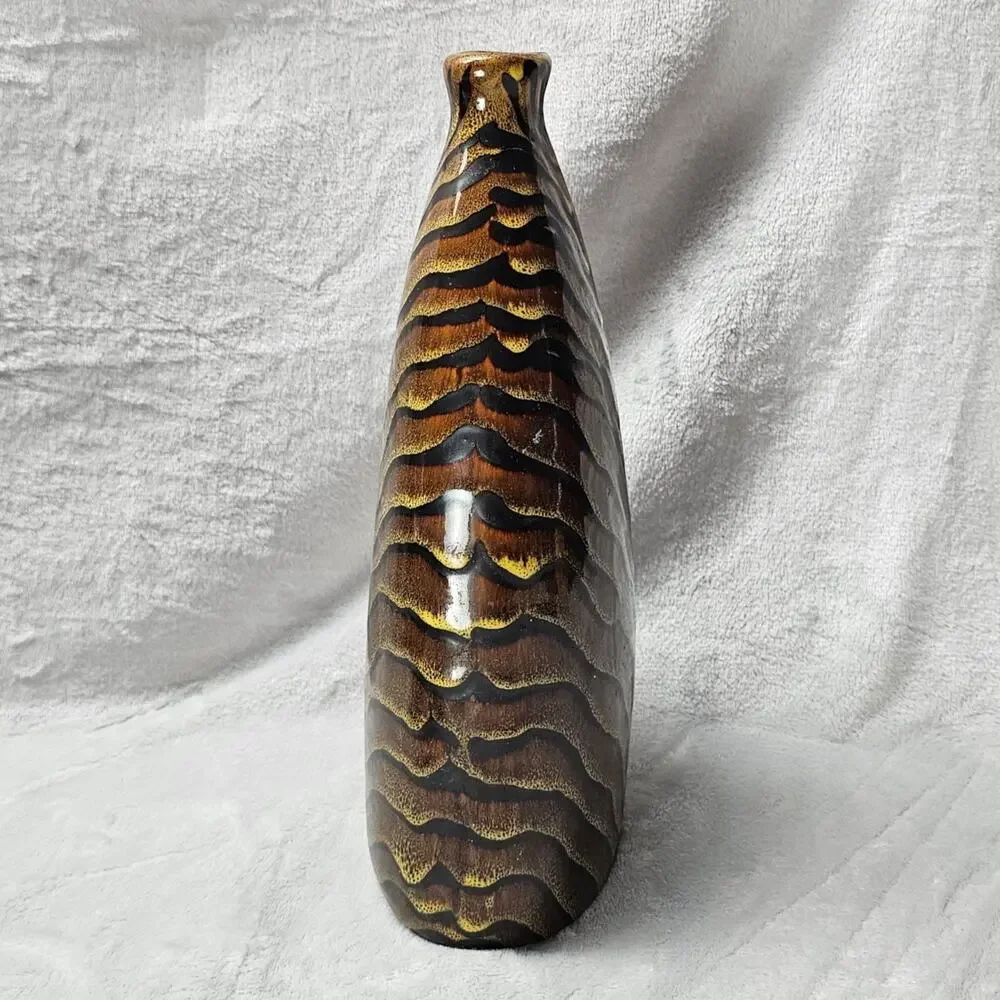 Studio Art Pottery Vase Tiger Stripe Chevron Glaze Wedge Form Brown Gold 12in